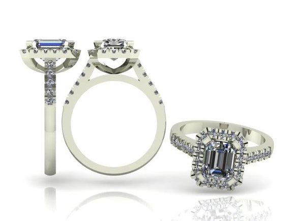 4 Claw Radiant Cut Diamond Ring with Diamond Halo & Shoulders