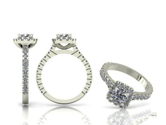 4 Claw Brilliant Cut Diamond Ring with Cushion Diamond Halo & Shoulders
