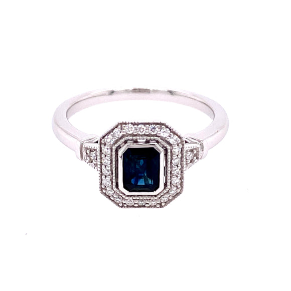 9ct White Gold Antique Sapphire Diamond Dress Ring with Halo