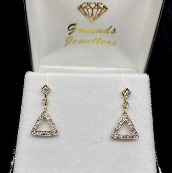 9ct Yellow Gold Diamond Triangle Drop Earrings