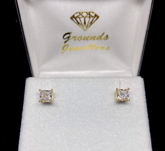 18ct Yellow Gold Emerald Cut Diamond Screw Stud Earrings