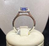 18ct White Gold Cushion Cut Ceylon Sapphire & Diamond Halo Ring