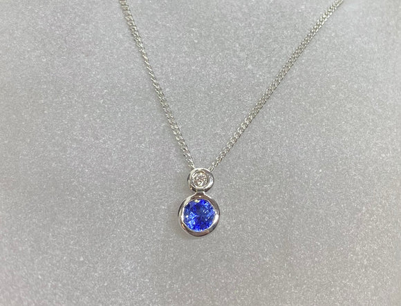 9ct White Gold Blue Sapphire Round Diamond Necklace