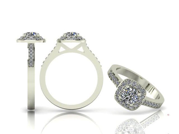 4 Claw Brilliant Cut Diamond Ring with Diamond Cushion Halo & Shoulders