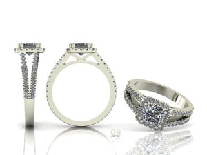 4 Claw Princess Cut Diamond Ring with Split Diamond Shoulders & Cushion Halo
