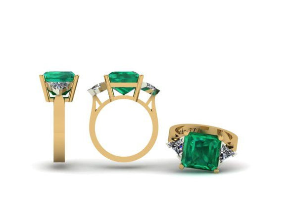 3 Stone Emerald & Trilliant Cut Diamond Ring
