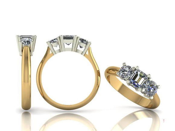 3 Stone Emerald & Brilliant Cut Diamond Trilogy Ring