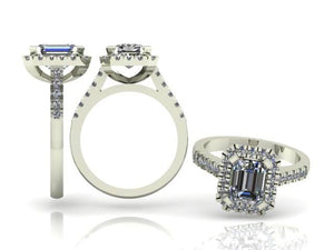 4 Claw Radiant Cut Diamond Ring with Diamond Halo & Shoulders