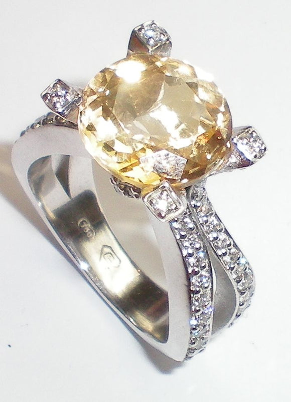 4 Claw Brilliant Cut Citrine Diamond Ring