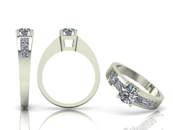 4 Claw Brilliant Cut Diamond Ring with Princess Cut Diamond Shoulders