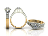 4 Claw Brilliant Cut Diamond Ring with Split Diamond Shoulders & Cushion Halo