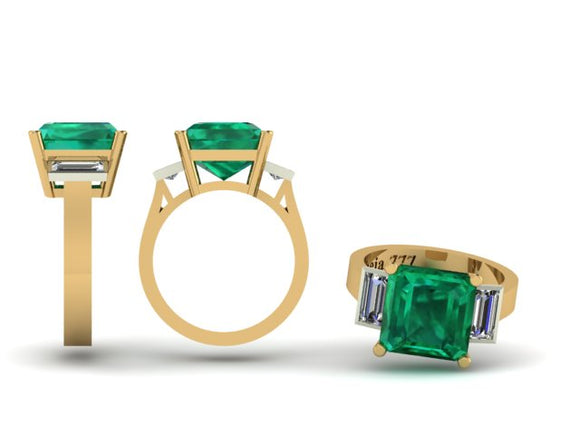 3 Stone Emerald & Baguette Cut Diamond Ring