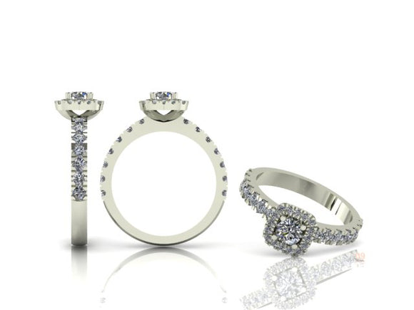 4 Claw Brilliant Cut Diamond Ring with Diamond Cushion Halo & Shoulders