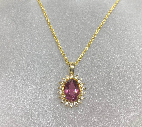 9ct Yellow Gold Pink Tourmaline Diamond Necklace
