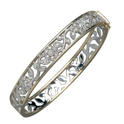 9ct Two Tone Gold Diamond Dress Filigree Flower Bracelet
