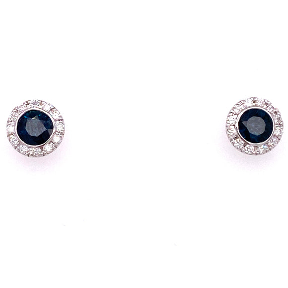 9ct White Gold Blue Sapphire Diamond Halo Stud Earrings