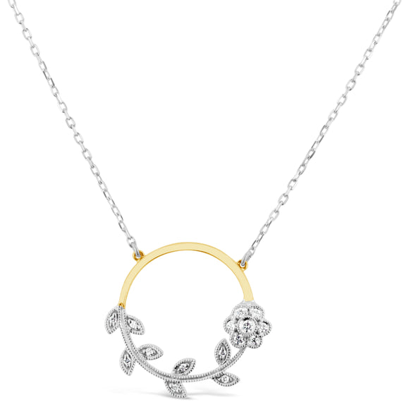 9ct Two Tone Diamond Circle Filigree Floral Necklace