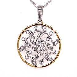 9ct Two Tone Diamond Round Filigree Floral Pendant