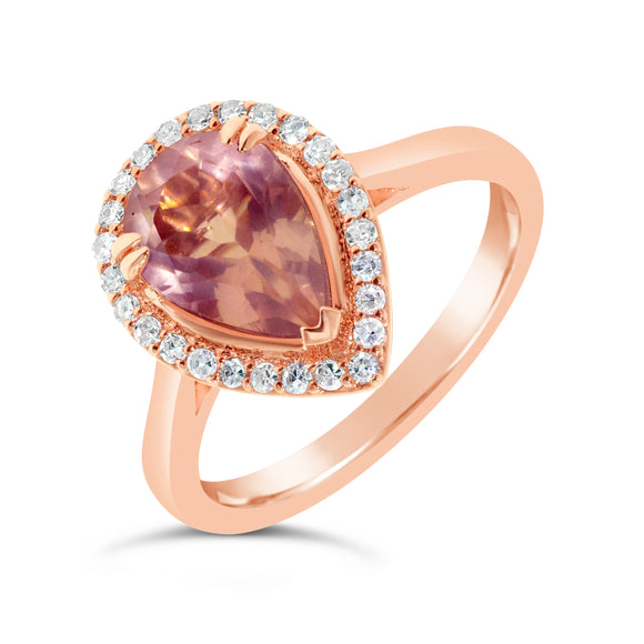 9ct Rose Gold Pear Cut Amethyst Diamond Halo Ring
