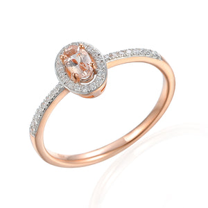 9ct Rose Gold Morganite Beryl Diamond Halo Ring