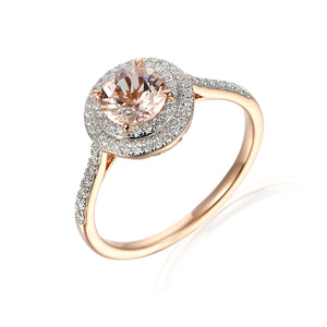 9ct Rose Gold Morganite Beryl Diamond Double Halo Ring