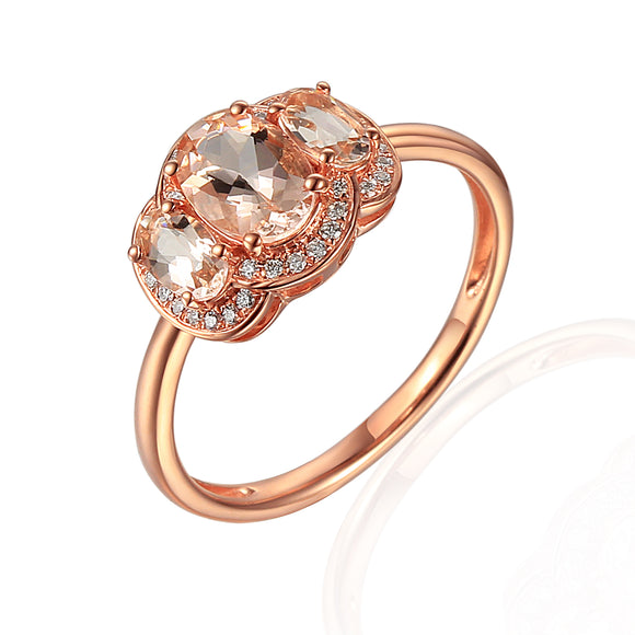 9ct Three Stone Rose Gold Morganite-Beryl Diamond Halo Ring