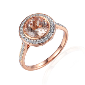 9ct Rose Gold Brilliant Cut Morganite Beryl Diamond Halo Ring