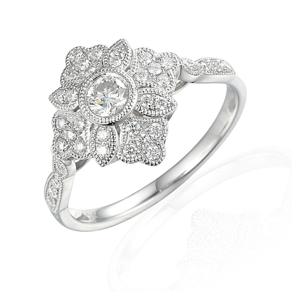 9ct White Gold Antique Flower Diamond Ring