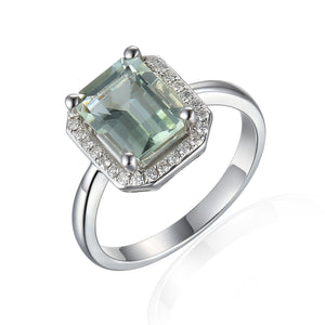 9ct White Gold Green Amethyst Diamond Ring with Halo