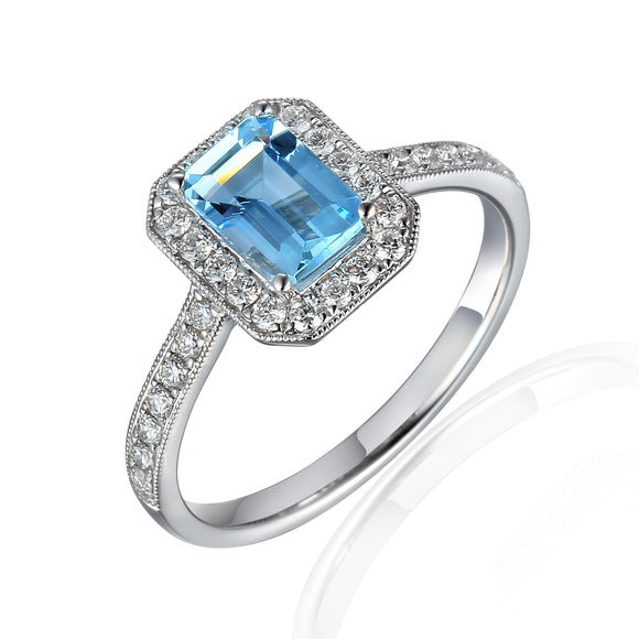 9ct White Gold Emerald Cut Aquamarine Diamond Dress Ring