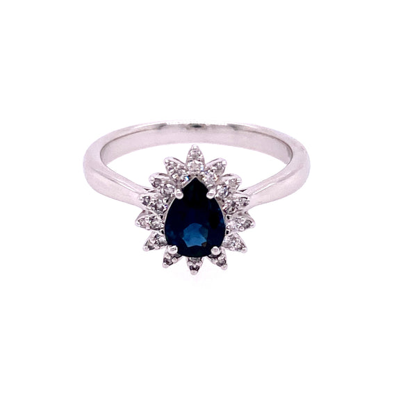 9ct White Gold Pear Sapphire Diamond Dress Ring with Halo
