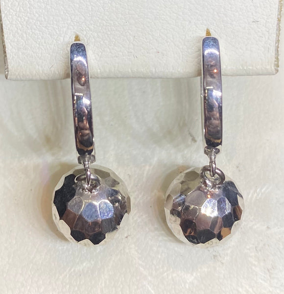9ct White Gold Huggie Drop Earrings with Diamond Cut Balls