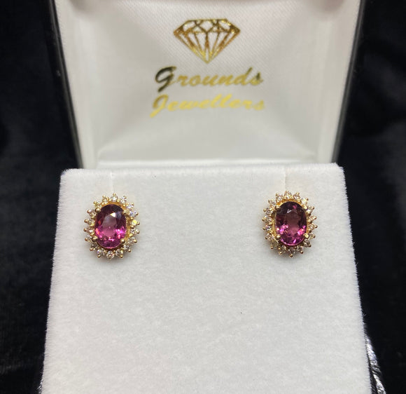 9ct Yellow Gold Pink Tourmaline Diamond Earrings