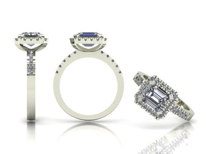 4 Claw Emerald Cut Diamond Ring with Diamond Halo & Shoulders