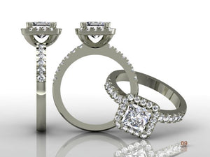 4 Claw Princess Cut Diamond Ring with Cushion Diamond Halo & Shoulders