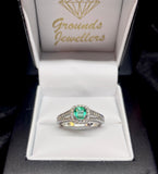 18ct White Gold Natural Emerald Diamond Halo Ring