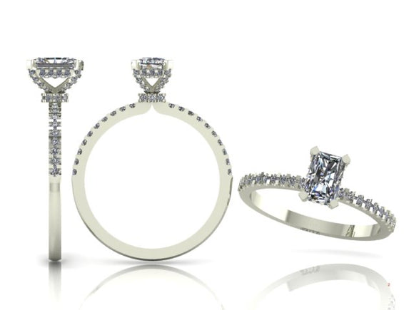 4 Claw Radiant Cut Ring with Diamond Drop Halo & Shoulders
