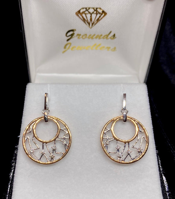 18ct Two Tone Round Diamond Drop Earrings