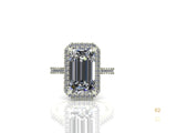 4 Claw Emerald Cut Diamond Ring with Diamond Halo & Shoulders