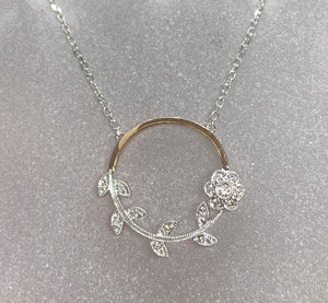 9ct Rose & White Gold Diamond Circle Filigree Floral Necklace