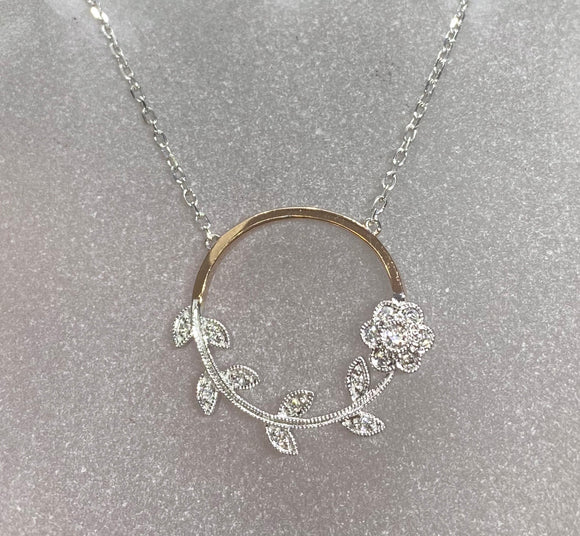 9ct Rose & White Gold Diamond Circle Filigree Floral Necklace