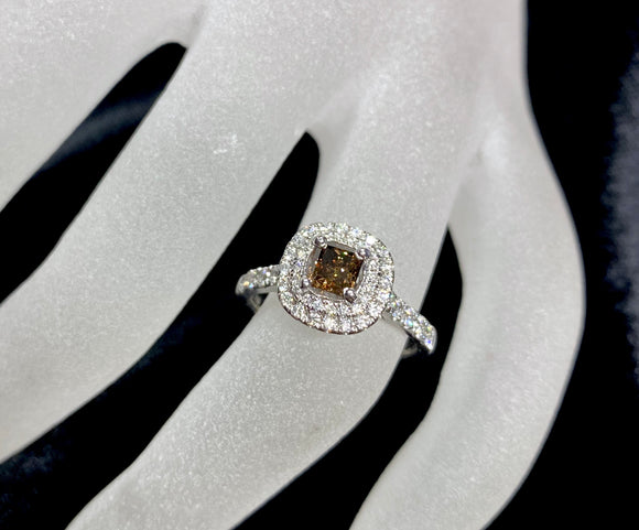 18ct White Gold Radiant Cut Cognac Diamond Halo Ring