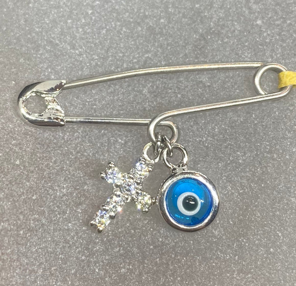 9ct White Gold Evil Eye & Cross Safety Pin