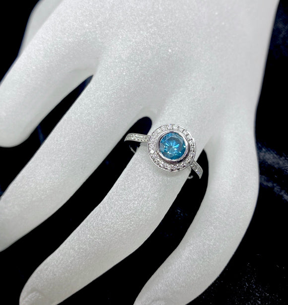 18ct White Gold Blue Diamond Halo Ring