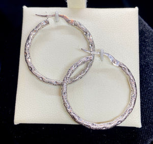 9ct White Gold Round Diamond Cut Stippled Hoop Earrings