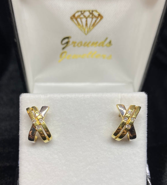 18ct Two Tone 'X' Diamond Earrings