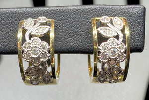 18ct Two Tone Diamond Filigree Flower Huggie Earrings