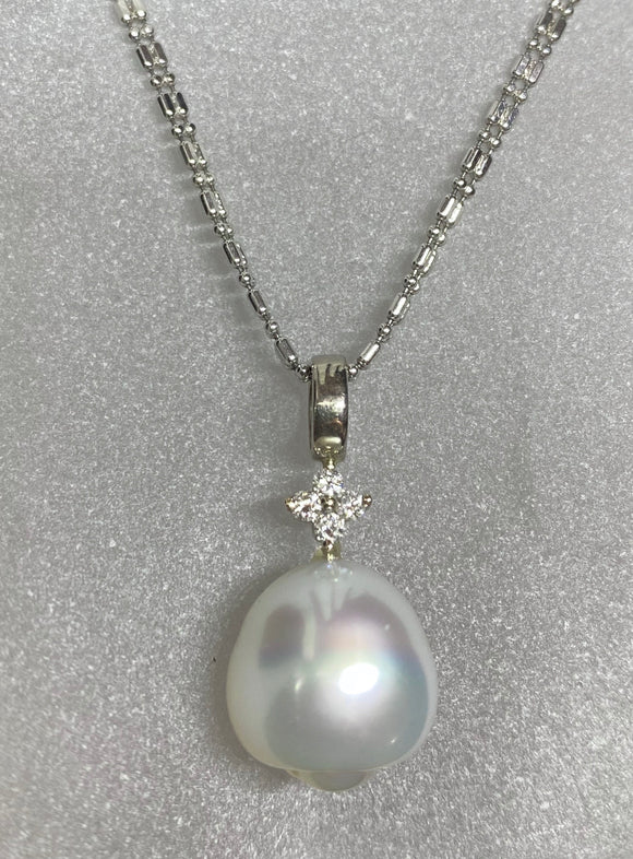 9ct White Gold South Sea Pearl Flower Diamond Pendant