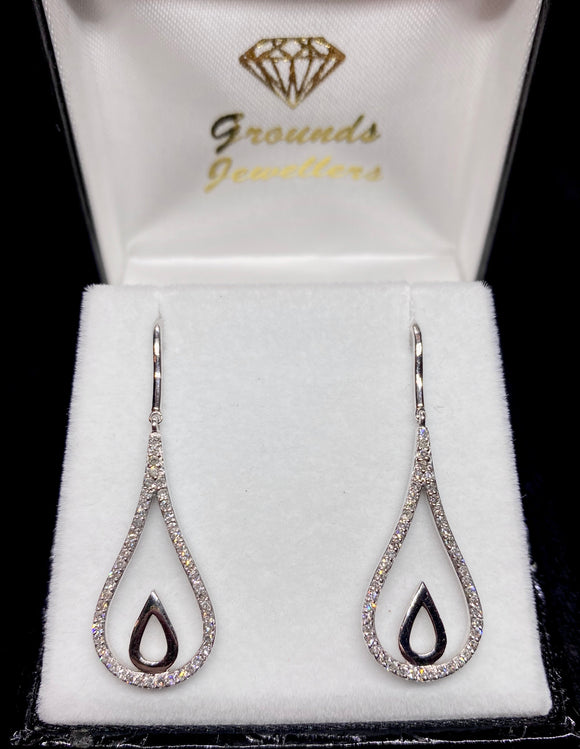 9ct White Gold Tear Drop Hook Diamond Earrings