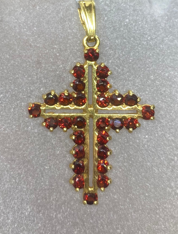 18ct Yellow Gold Ornate Garnet Cross